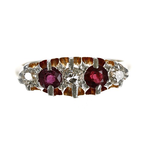 120 - Attractive 18ct yellow gold claw-set ruby and old-cut diamond claw-set five stone ring, the rubies 0... 