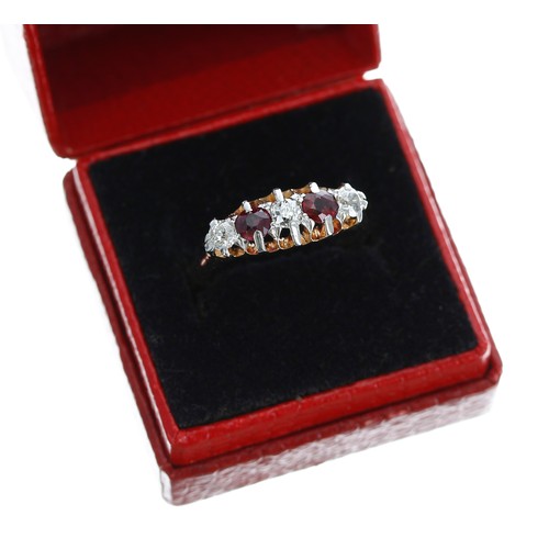 120 - Attractive 18ct yellow gold claw-set ruby and old-cut diamond claw-set five stone ring, the rubies 0... 