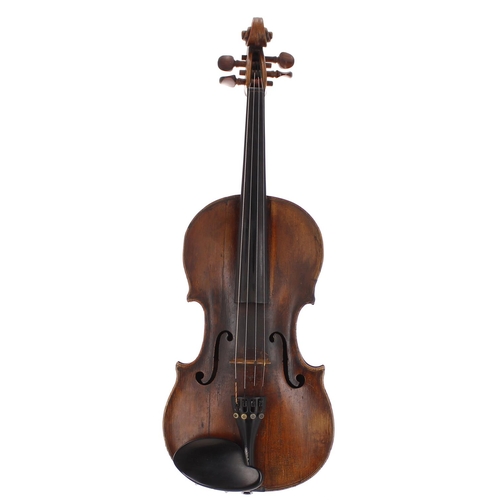 2424 - Interesting 18th century Viennese violin, unlabelled, the two piece back of medium curl with similar... 