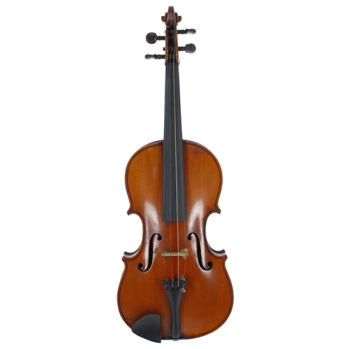 2432 - Violin circa 1900, the two piece back of faint medium/fine curl with similar wood to the sides and h... 