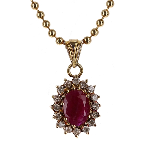 101 - 18ct yellow gold oval ruby and diamond cluster pendant on a bead necklace, the ruby 0.65ct approx, t... 