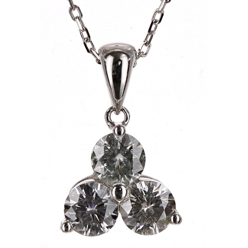 104 - Modern 14ct white gold diamond trilogy pendant on necklace, round brilliant-cuts, 0.90-1.00ct approx... 