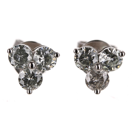 106 - Pair of modern 14ct white gold trilogy diamond earrings, round brilliant-cuts, 0.90ct approx in tota... 