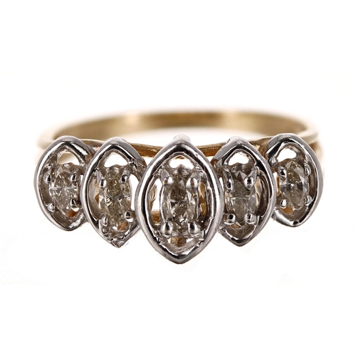 109 - Yellow gold marquise shaped five stone diamond ring, marked '10K', width 8mm, 2.2gm, ring size J (62... 