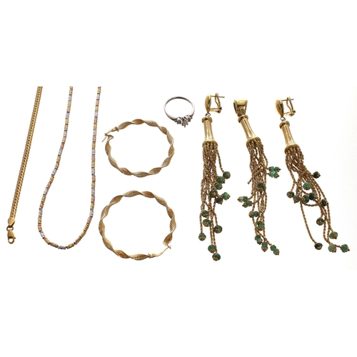 119 - Pair of 18ct yellow gold hoop twist earrings, 5.5gm; 18ct three colour necklace, 9.3gm; 18ct curb br... 