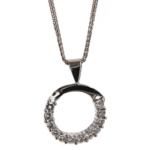 139 - Modem 18ct white gold diamond set circular open pendant on necklace, round brilliant-cut, the pendan... 