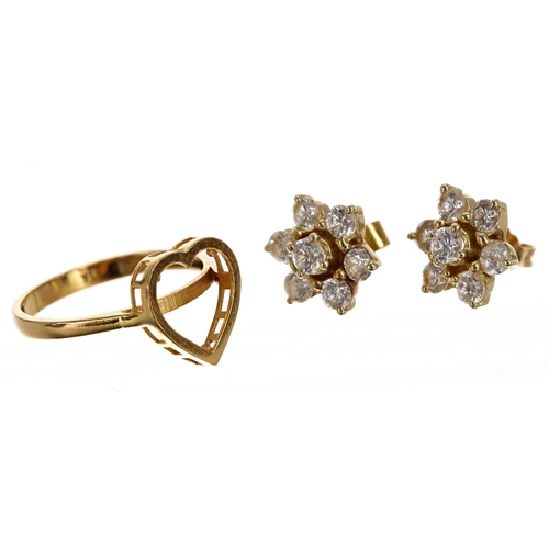 144 - Yellow metal heart shaped hollow ring, marked '21k', 2.4gm; with a pair of 14ct  cluster earrings, 3... 