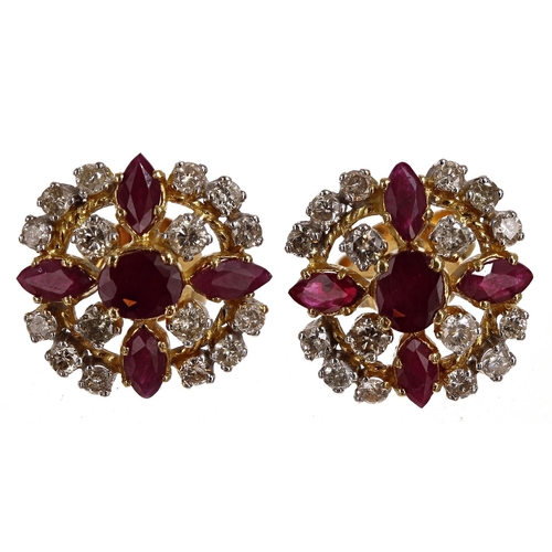 164 - Attractive pair of yellow gold ruby and diamond cluster earrings, post and butterfly backs, 5gm, 15m... 