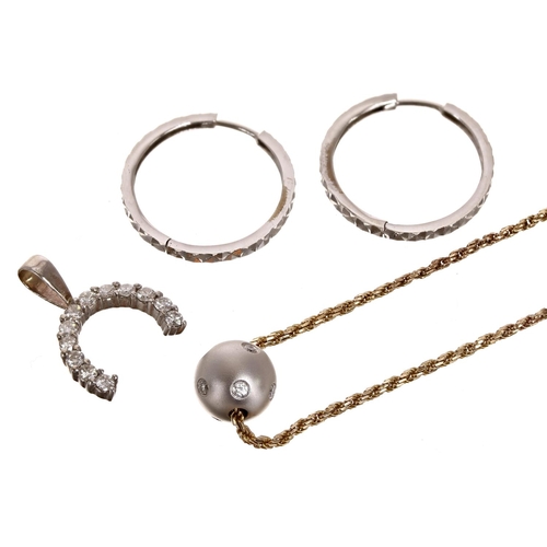 166 - Assorted jewellery to include a pair of 18ct white gold hoop earrings, 2gm; white metal horseshoe di... 