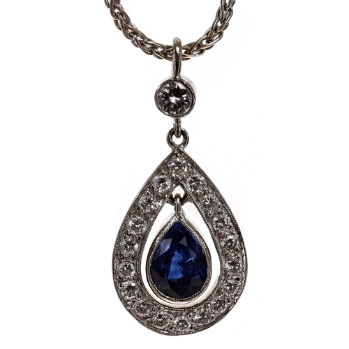 167 - Fine Asprey 18ct white gold sapphire and diamond pear shaped pendant on necklace, the sapphire of go... 