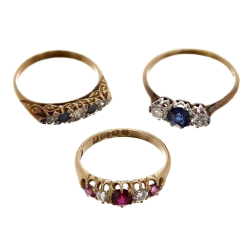 169 - Two 18ct sapphire and diamond rings including a three stone example; also an attractive claw-set 18c... 