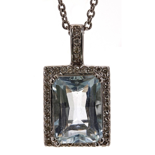 171 - Good 14ct white gold aquamarine and diamond pendant on a white gold chain, the aquamarine 7.40ct app... 