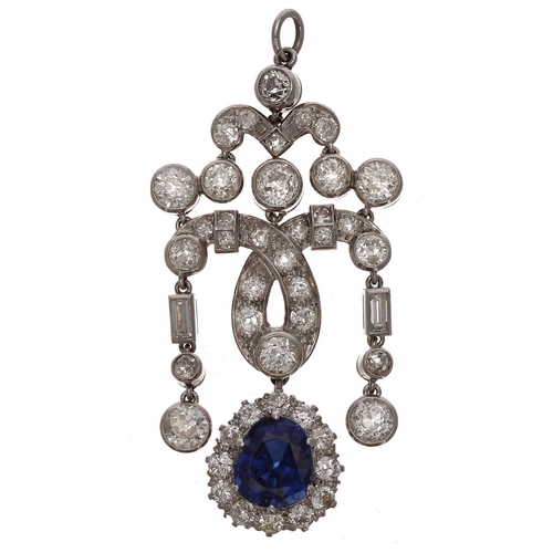 175 - Fine and attractive white metal sapphire and diamond pendant, the sapphire of a good rich blue colou... 