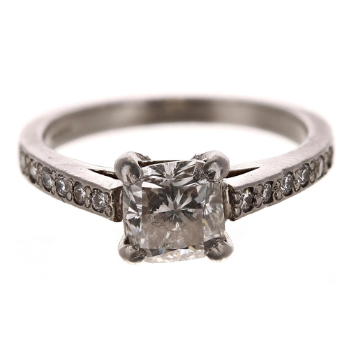 176 - Platinum cushion-cut solitaire diamond ring with set shoulders, 1.15ct approx, clarity VS, colour I/... 