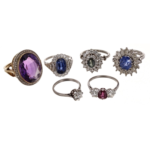 177 - Impressive selection of five white metal diamond and gem set rings, to include an old-cut solitaire ... 