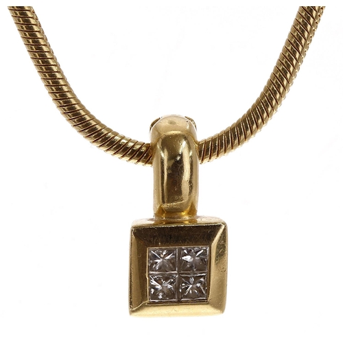 79 - Modern 18ct yellow gold princess-cut diamond pendant on a snake design necklace, the pendant with fo... 