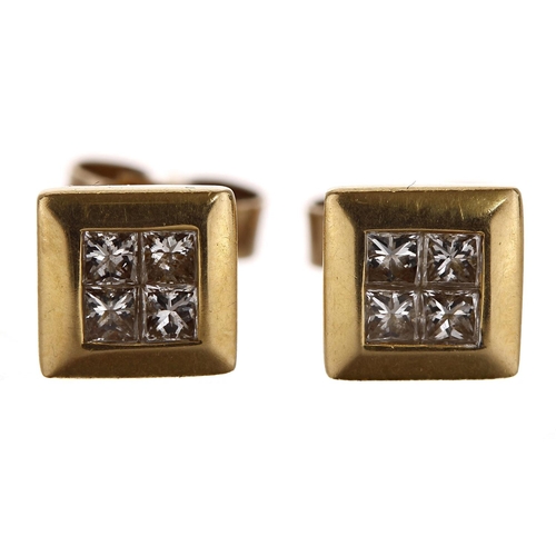 81 - Pair of 18ct yellow gold princess-cut square cluster diamond stud earrings, each with four diamonds,... 