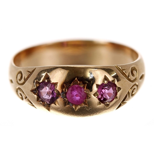 87 - Antique yellow gold gypsy ring, set with three round-cut rubies, width 8mm, 3gm, ring size N/O (610)... 