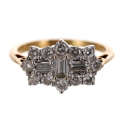 83 - Good 18ct diamond multi-cut diamond ring, baguette and round brilliant-cuts, estimated 1.20ct approx... 