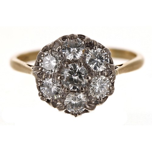 103 - Attractive period 18ct and platinum diamond cluster ring, with seven round-cut diamonds, estimated 1... 