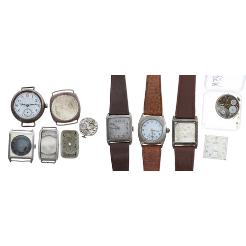 418 - Silver cushion cased gentleman's wristwatch for repair, 30mm; together with a silver square cased wi... 