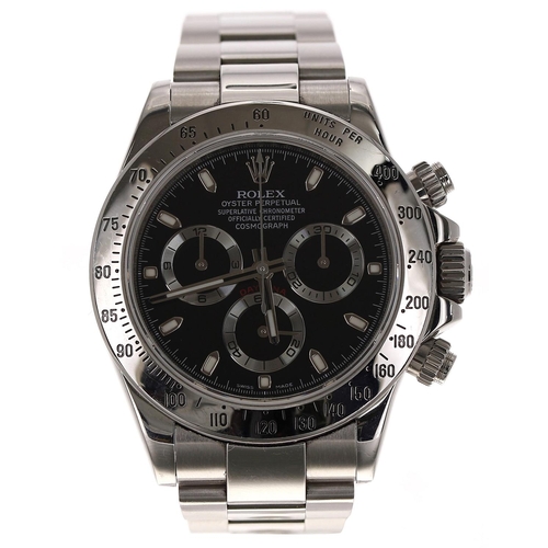 Rolex Oyster Perpetual Cosmograph Daytona stainless steel gentleman's wristwatch, reference no. 116520, serial no. 20Z5xxxx, black dial, Oyster bracelet with fliplock clasp, 39mm bezel (206)