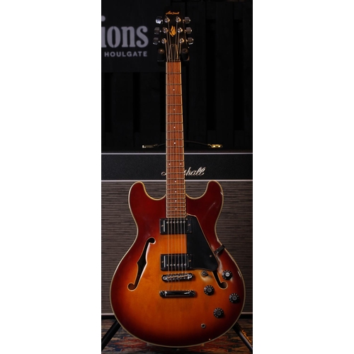 496 - 1990s Aria Pro II TA-40 hollow body electric guitar, made in Korea; Body: sunburst finish, buckle sc... 