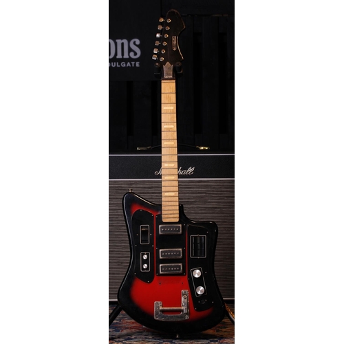 501 - Borisov Formanta electric guitar in need of some restoration, made in Russia; Body: red burst finish... 