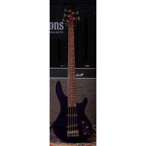 504 - Wesley five string purple Lucite body bass guitar, with soft bag... 