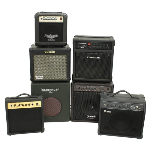 605 - Seven various practice amplifiers to include a Behringer Thunderbird BX108, a Laney LA20C acoustic a... 