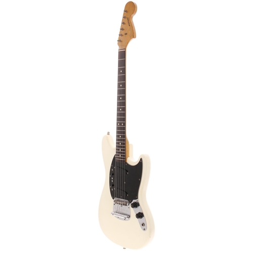 43 - 1966 Fender Mustang electric guitar, made in USA; Body: white refinish, enlarged pickup cavity rout ... 