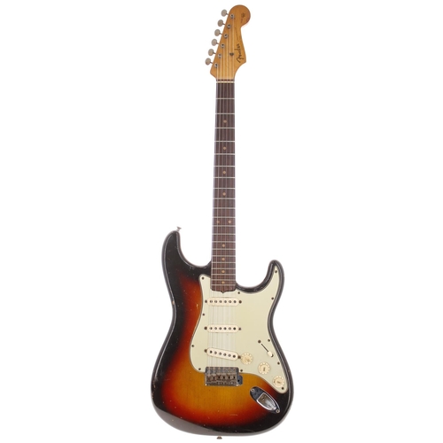 36 - 1963 Fender Stratocaster electric guitar, made in USA; Body: sunburst finish with wear consistent fo... 