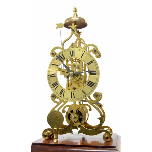 1512 - Modern brass single fusee skeleton clock with passing strike on a bell, the 5.75