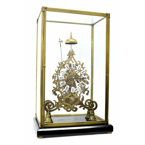 1514 - Brass single fusee skeleton clock with passing strike on a bell, the 6