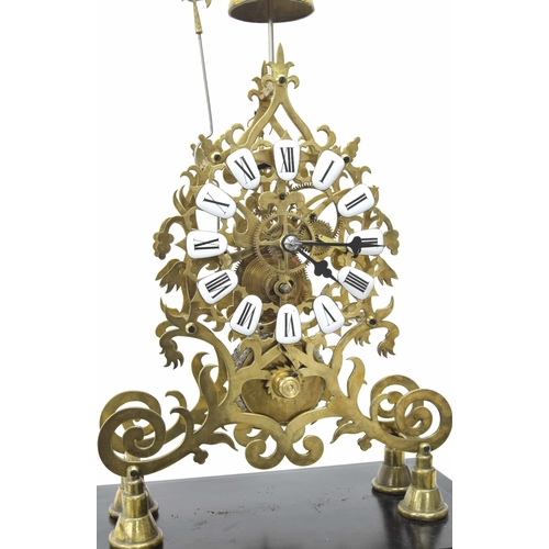 1514 - Brass single fusee skeleton clock with passing strike on a bell, the 6