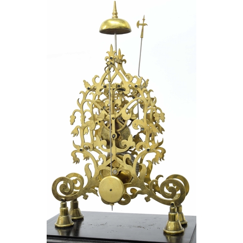 1514 - Brass single fusee skeleton clock with passing strike on a bell, the 6