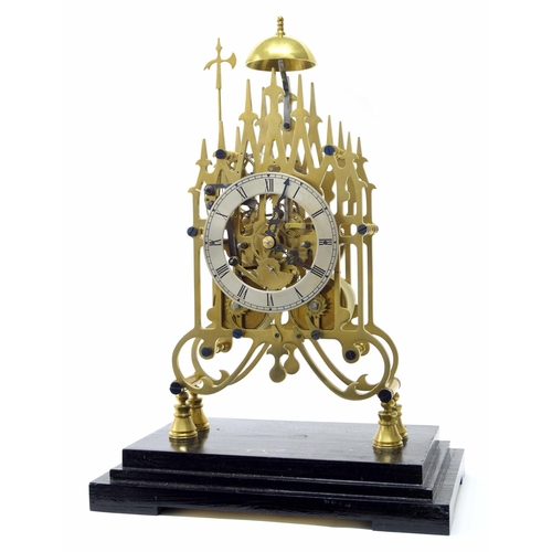 1516 - Good English brass double fusee skeleton clock striking on a bell, the 5