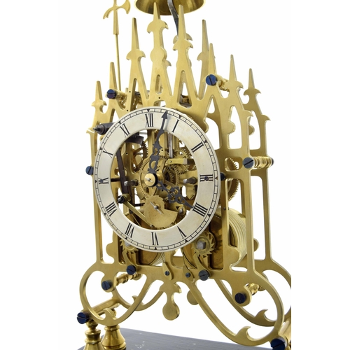 1516 - Good English brass double fusee skeleton clock striking on a bell, the 5