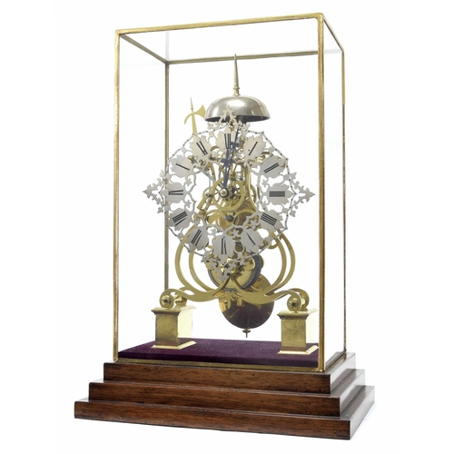 1554 - Good modern single fusee brass skeleton clock with passing strike on a bell, the 8.5