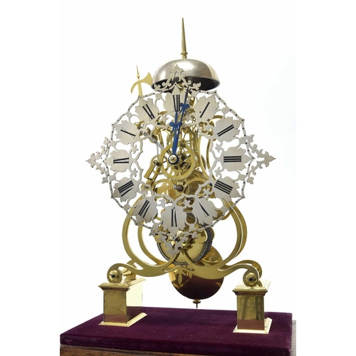 1554 - Good modern single fusee brass skeleton clock with passing strike on a bell, the 8.5