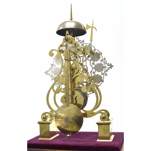 1554 - Good modern single fusee brass skeleton clock with passing strike on a bell, the 8.5