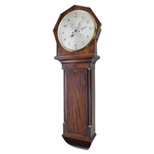 1714 - Good mahogany two train trunk dial wall clock striking on a bell, the 18