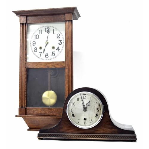 2311 - Oak cased three train Napoleon hat mantel clock striking on eight rods, 9