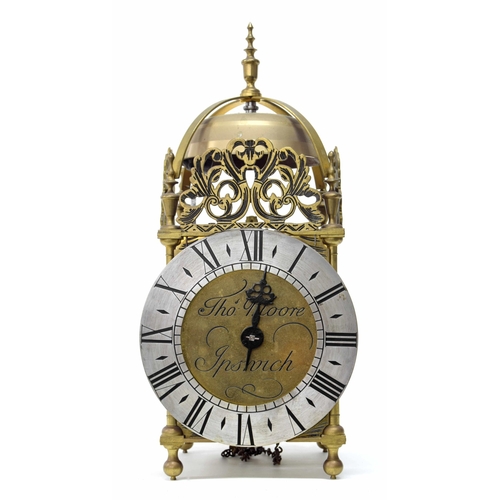 2314 - Reproduction hook and spike brass lantern clock signed Thos Moore, Ipswich to the centre, enclosed b... 