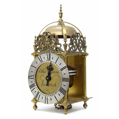 2314 - Reproduction hook and spike brass lantern clock signed Thos Moore, Ipswich to the centre, enclosed b... 