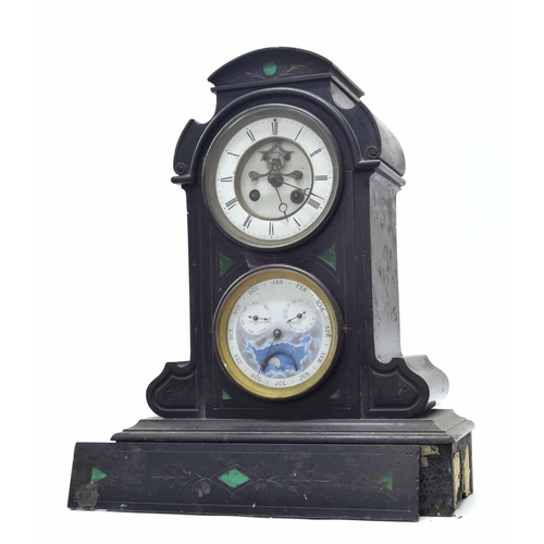 2318 - French black slate two train calendar mantel clock in need of restoration, the S. Marti movement str... 