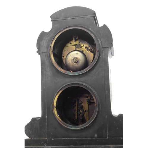 2318 - French black slate two train calendar mantel clock in need of restoration, the S. Marti movement str... 