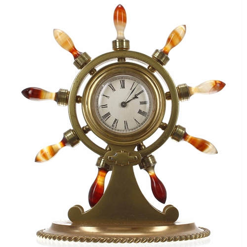 1318 - Novelty brass and copper ship's wheel mantel clock timepiece, the 2.25