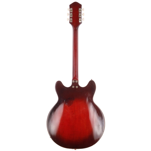 213 - 1963 Harmony H-77 hollow body electric guitar, made in USA; Body: red burst finish, refinished patch... 