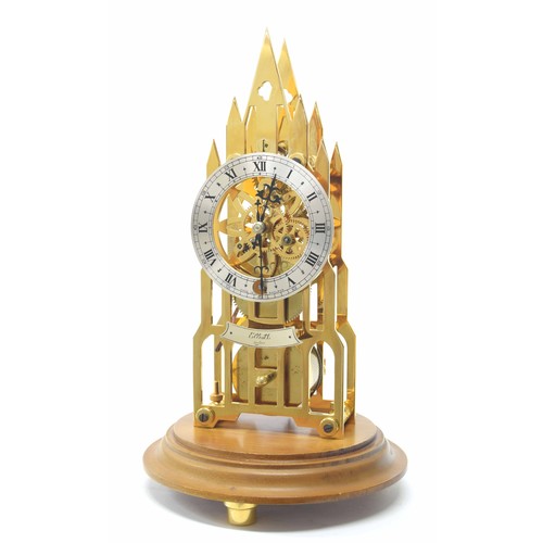 2320 - Contemporary Elliott gothic revival small single fusee gilded brass skeleton clock, the 3.75